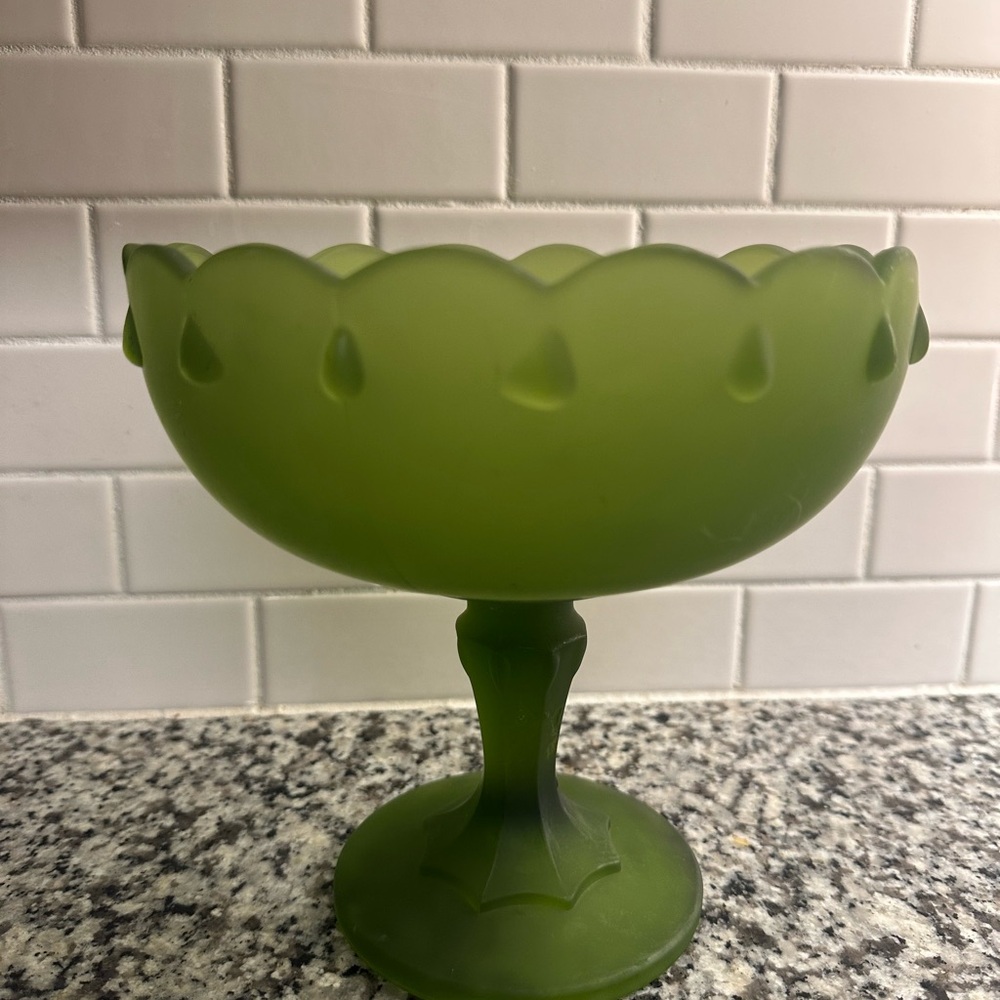 Indiana Glass frosted avocado green pedestal bowl in the "Teardrop" pattern.